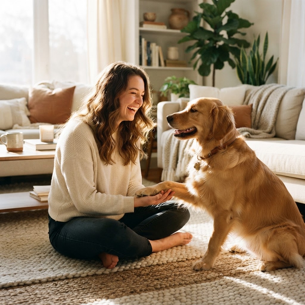 A dog parent sharing a warm moment with her golden retriever at home