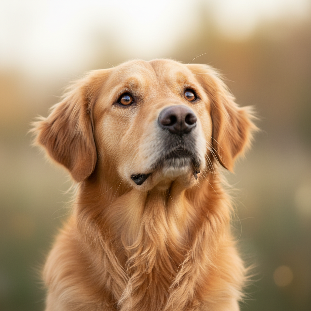 A happy golden retriever looking up with bright, curious eyes