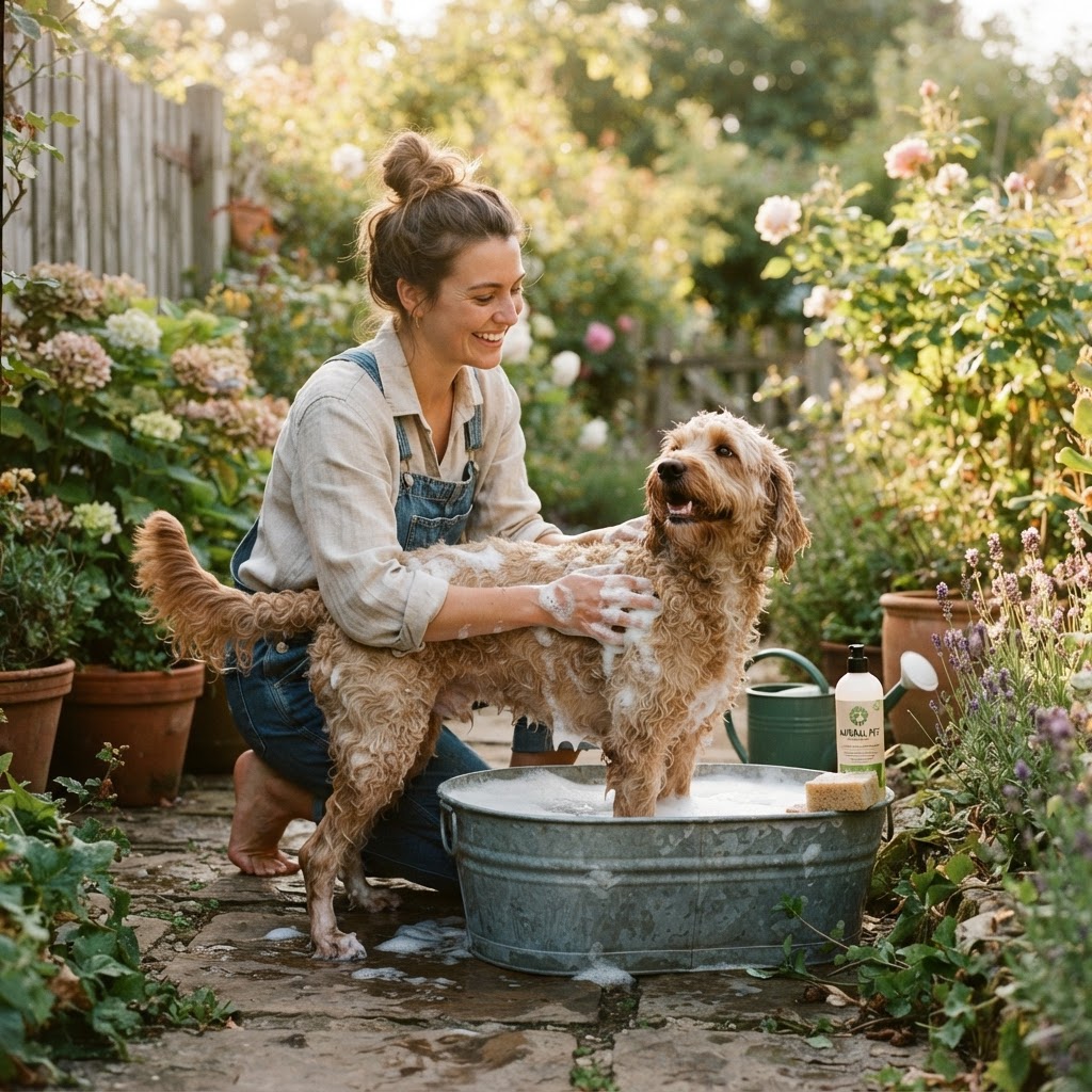A person happily bathing their dog outdoors in warm sunlight