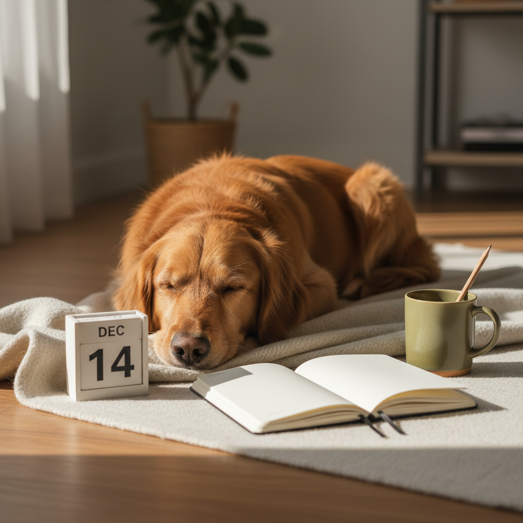 A calm, happy dog beside a care planner and calendar