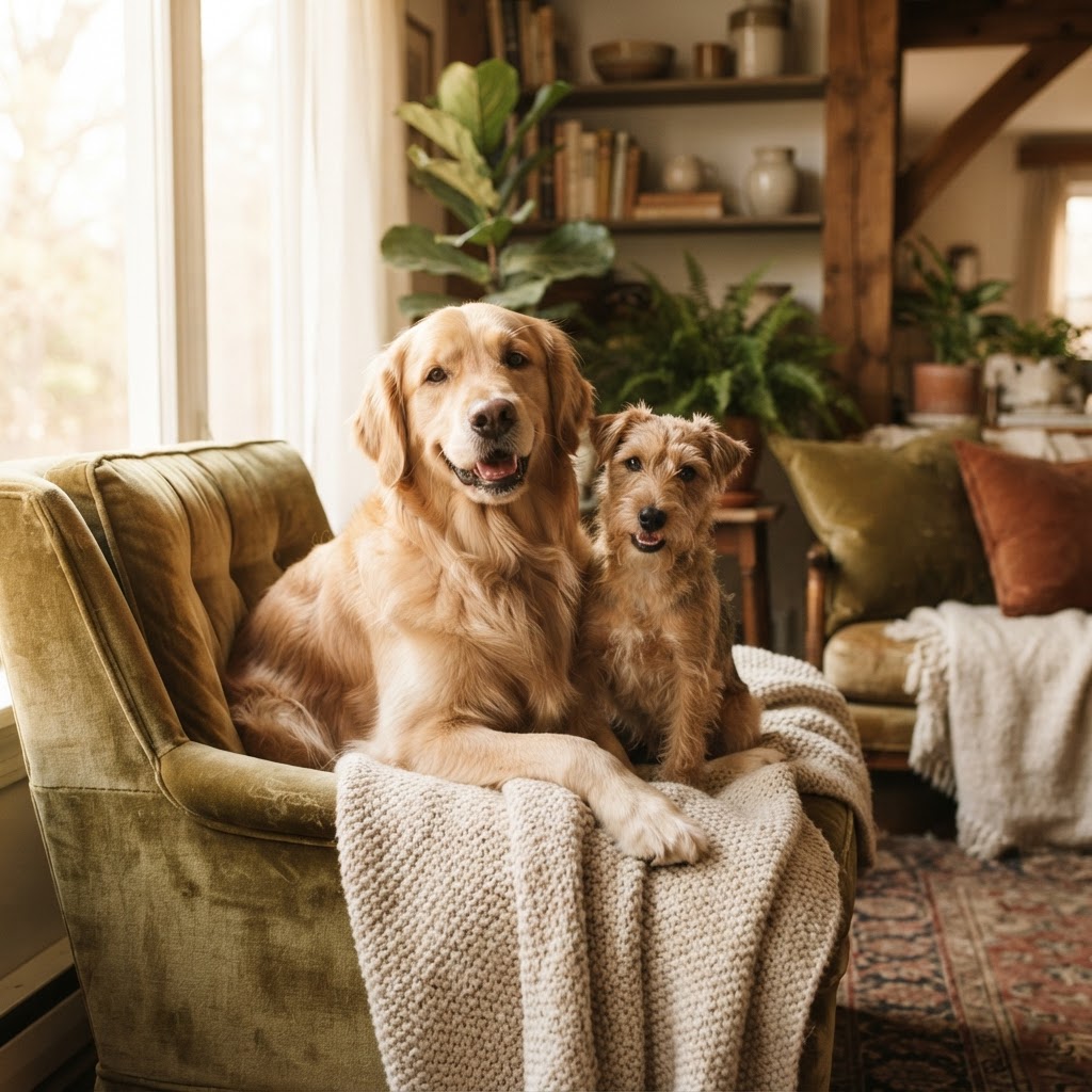 A healthy, happy golden retriever and a small terrier sitting together in warm home light