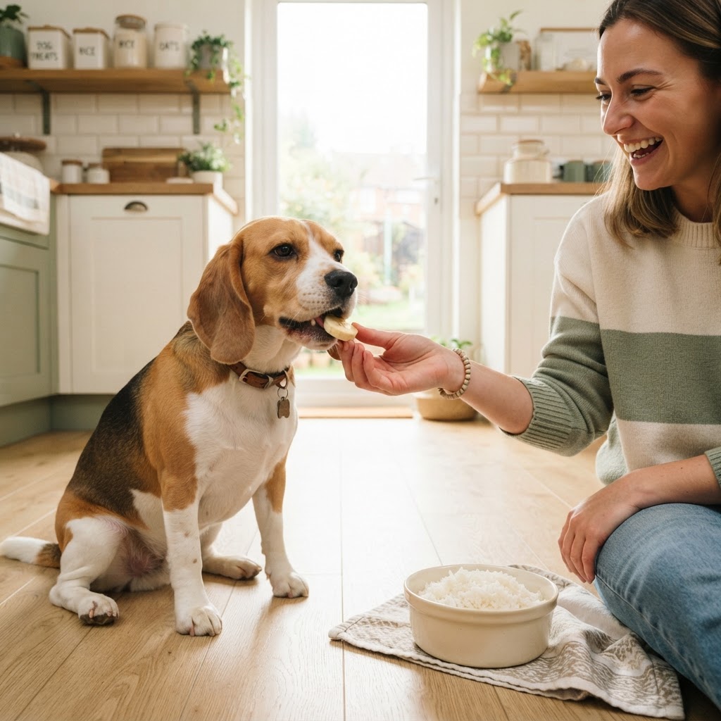 A beagle happily taking a banana slice from its owner's hand next to a bowl of plain boiled rice