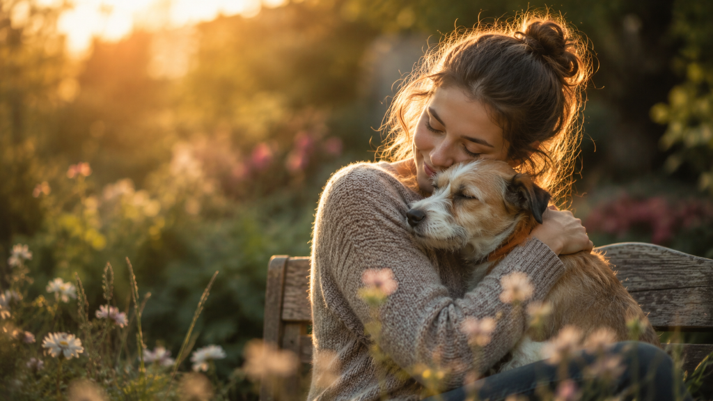 A woman hugging her dog on a garden bench in golden evening light, surrounded by wildflowers