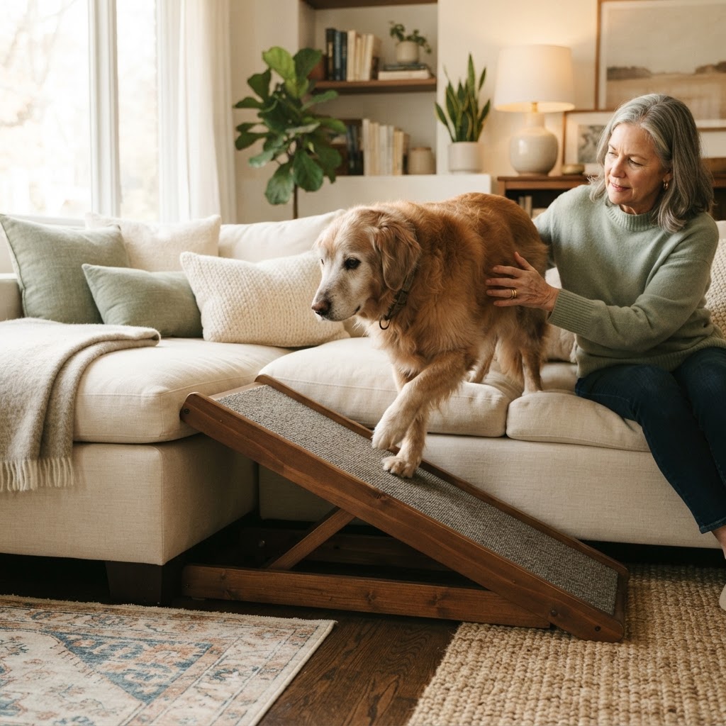 A senior dog using a gentle non-slip ramp to reach the couch in a warm cozy home