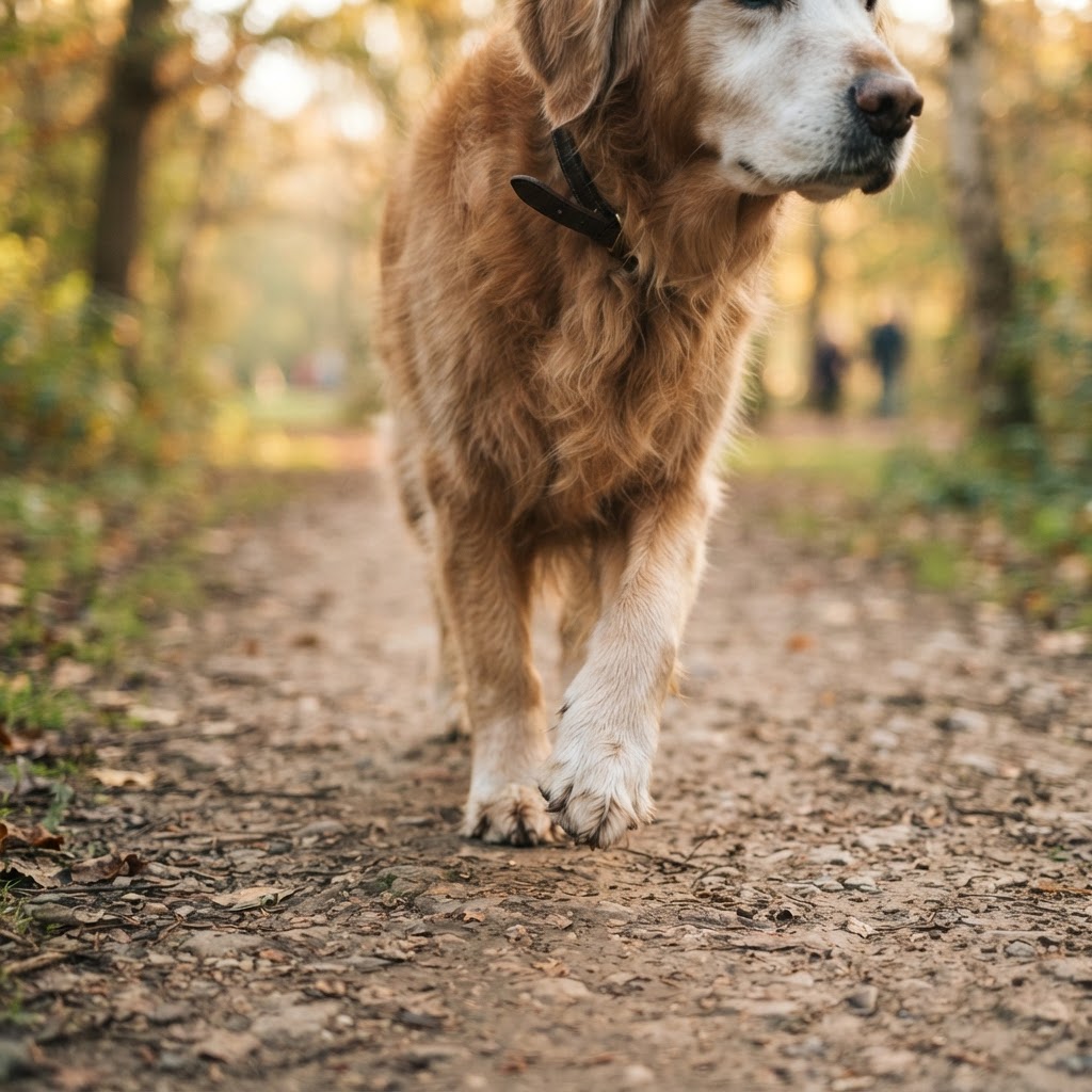 Close-up of a senior grey-muzzled dog's front paws mid-stride on a morning walk