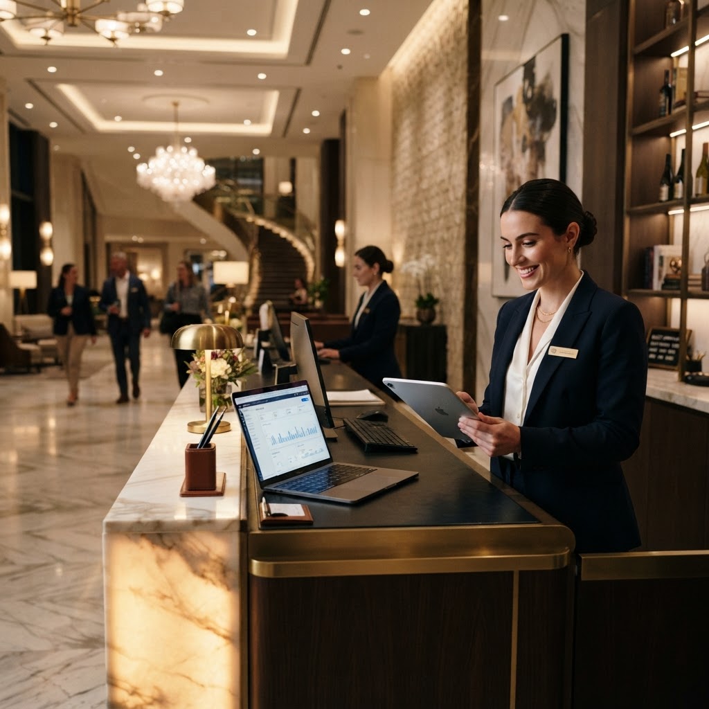 Hotel manager reviewing technology at the front desk