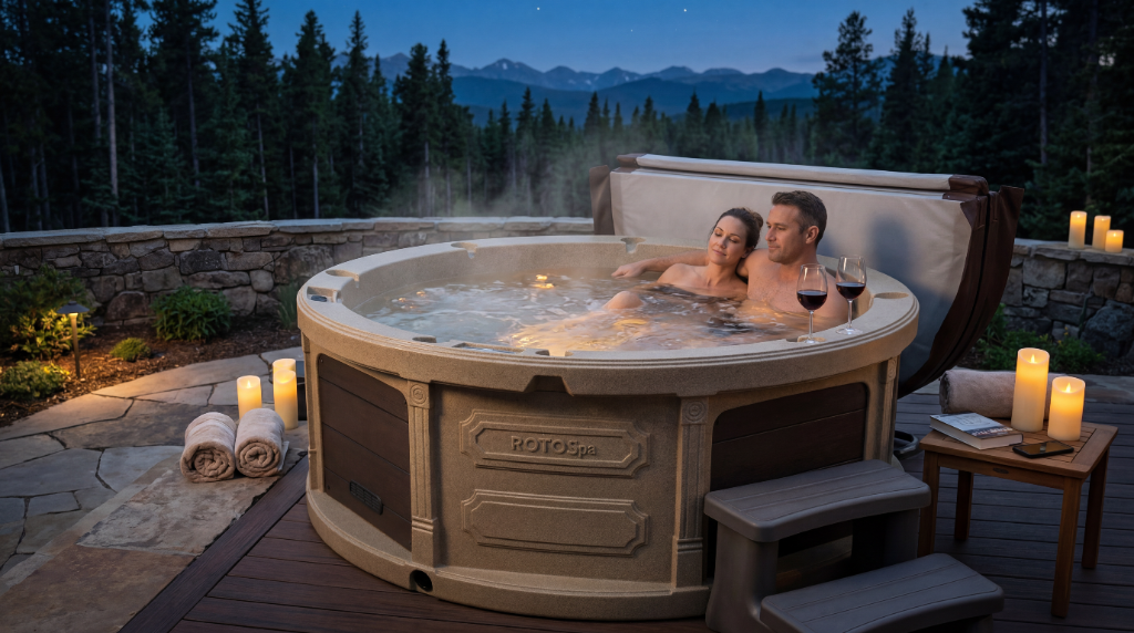 A couple relaxing in a Roto Spa hot tub on a wooden deck at twilight