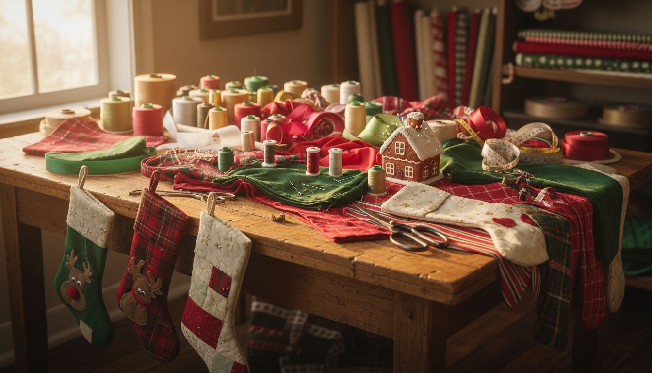 Crafting supplies for handmade Christmas stockings