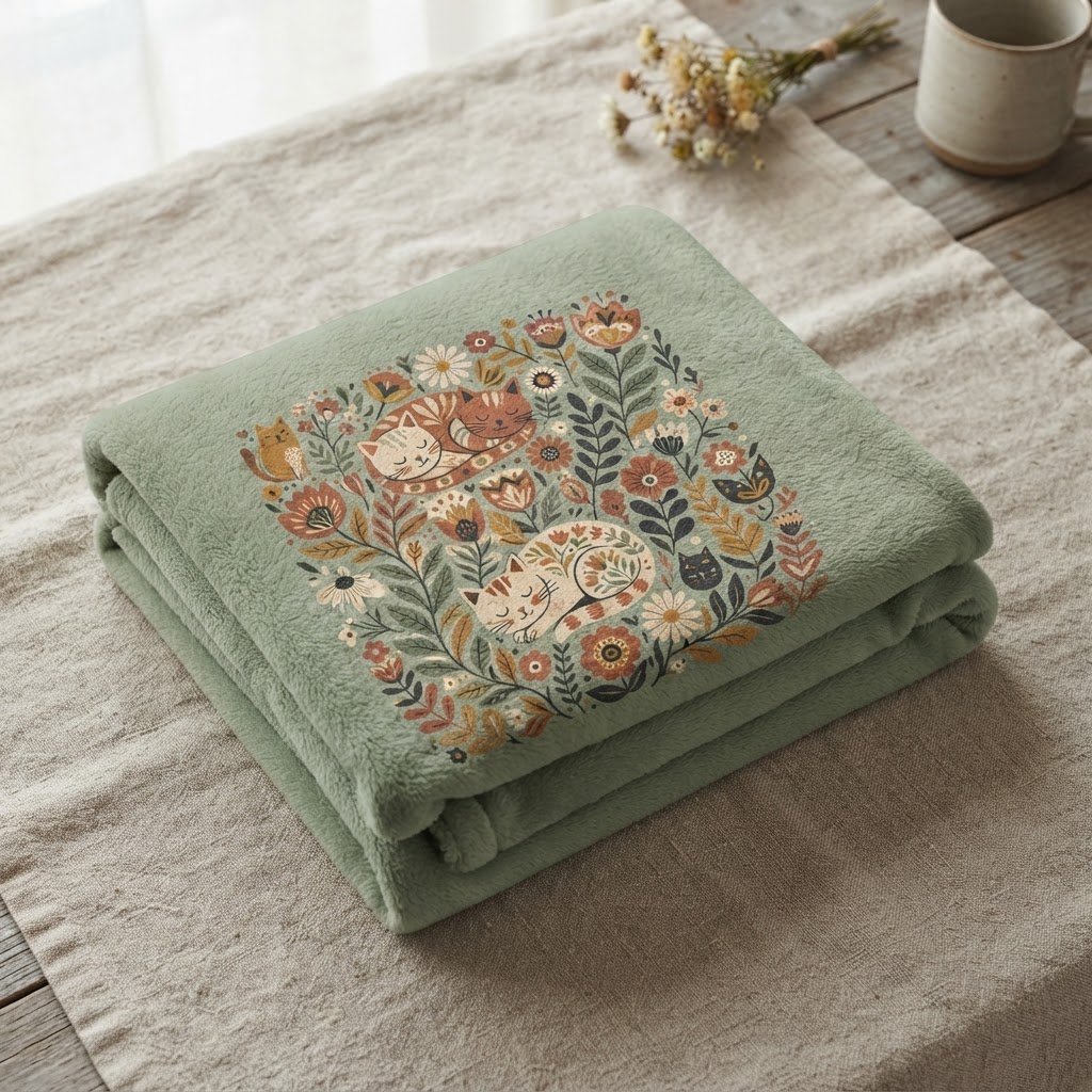 Retro Floral Cat Nap — Fleece Throw Blanket