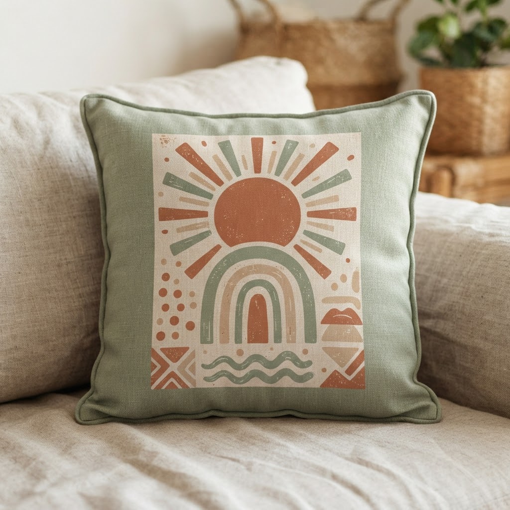 Mid-Century Boho Abstract Sun — Throw Pillow