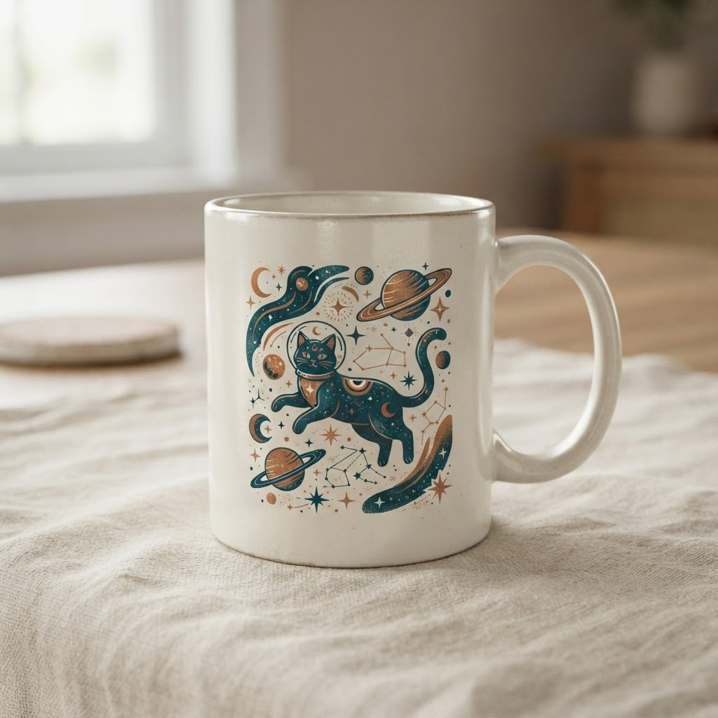 Retro Cosmic Cat Ceramic Mug