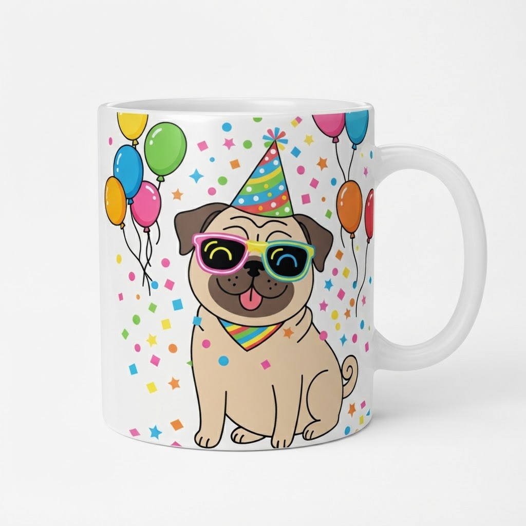 Retro Rainbow Pug Party — Ceramic Mug