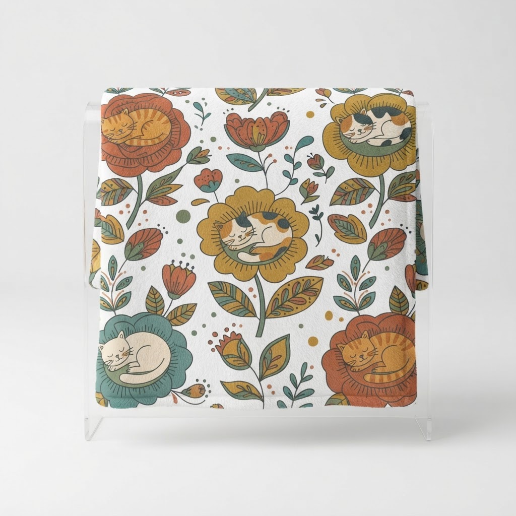 Retro Floral Cat Nap — Fleece Throw Blanket