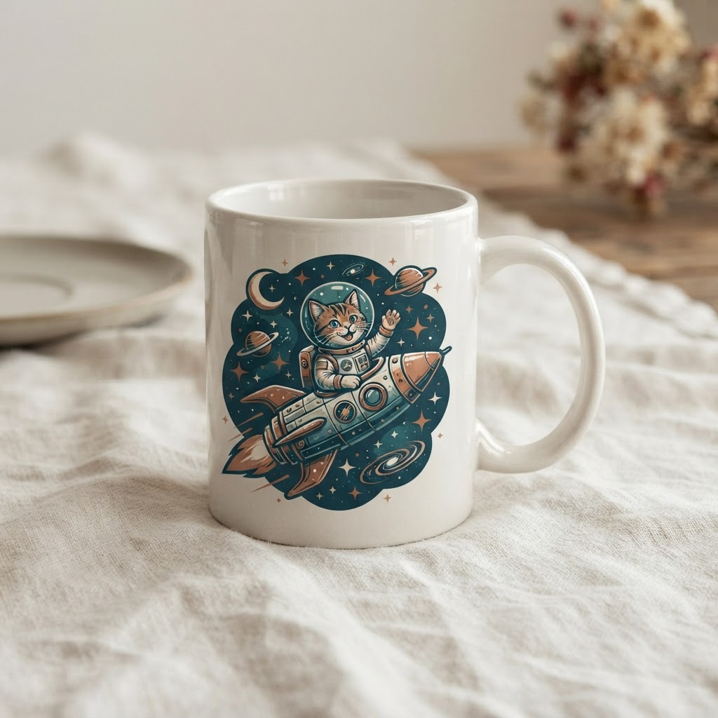 Retro Cosmic Cat Space Adventure — Ceramic Mug