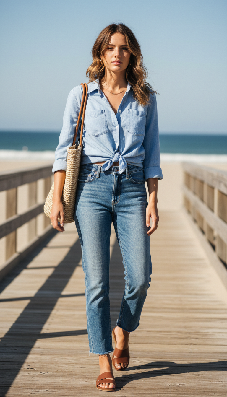 Summer blue jeans outfit: Chambray Shirt Tied at the Waist