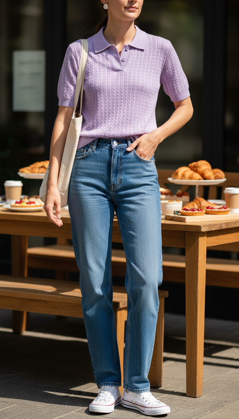 Summer blue jeans outfit: Knit Polo with Straight-Leg Jeans