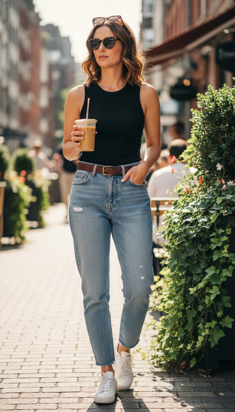 Summer blue jeans outfit: Black Tank Top with Mom Jeans