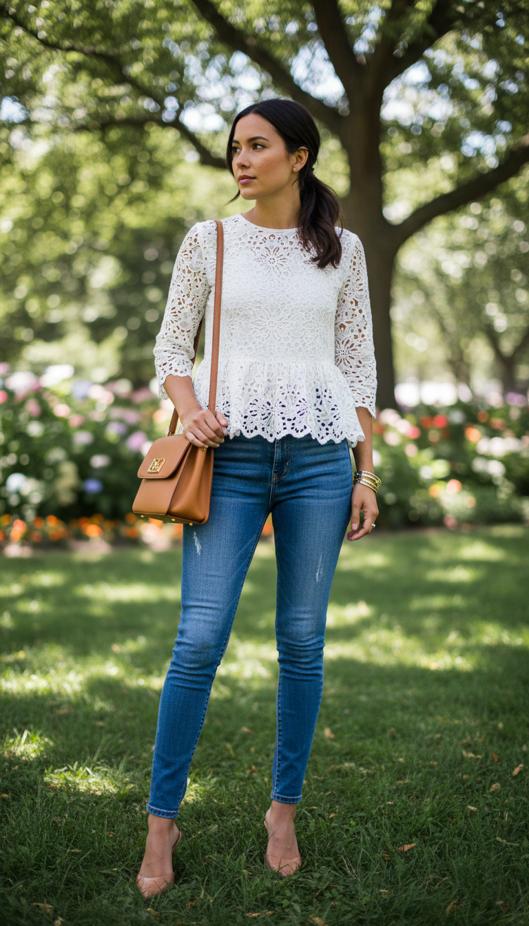 Summer blue jeans outfit: Eyelet Lace Peplum Top with Skinny Jeans