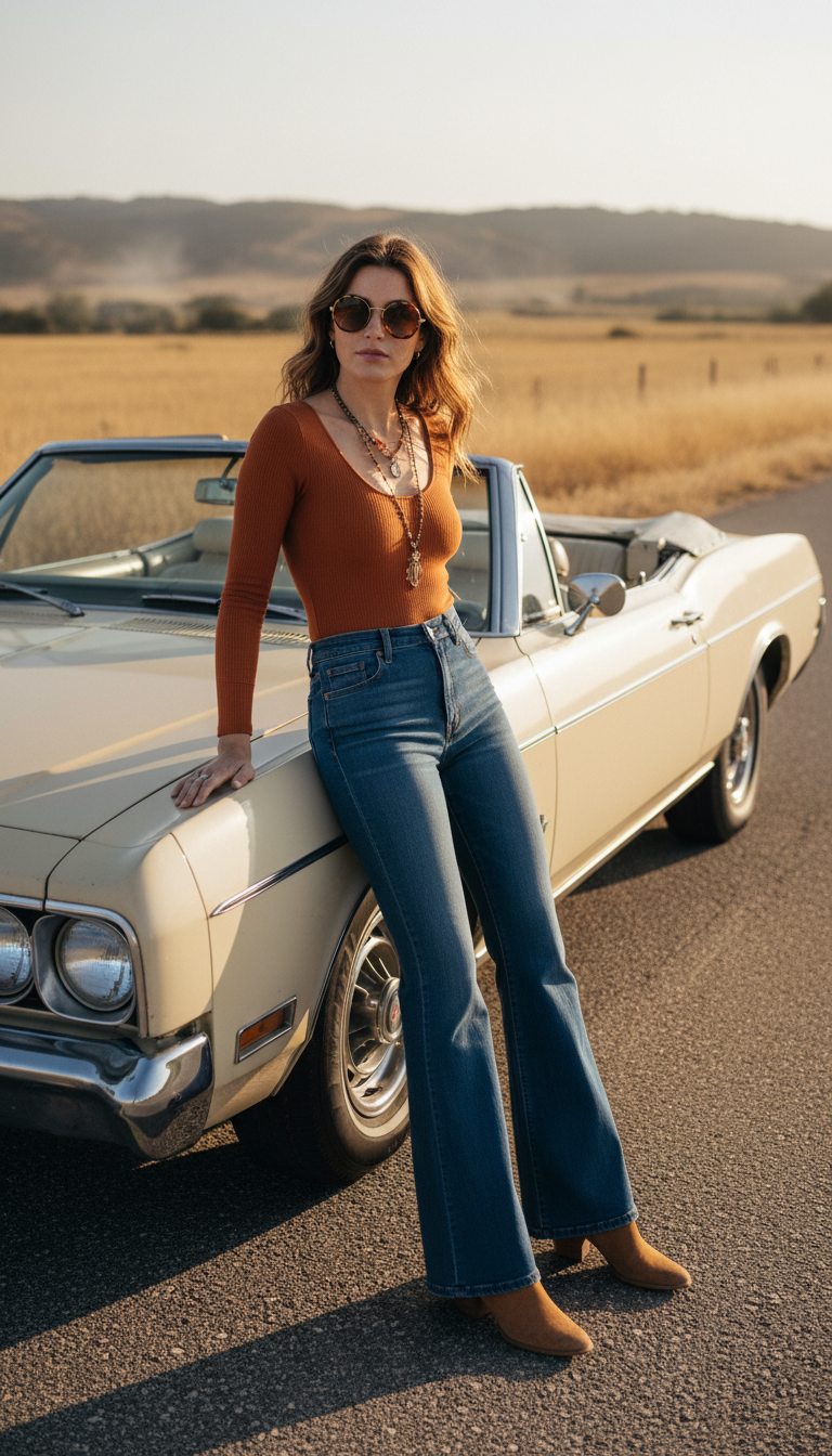 Summer blue jeans outfit: Ribbed Bodysuit with Flare Jeans