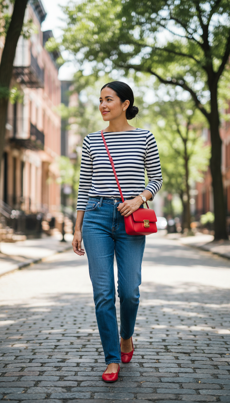 Summer blue jeans outfit: Breton Stripe Top with Classic Jeans and Red Flats