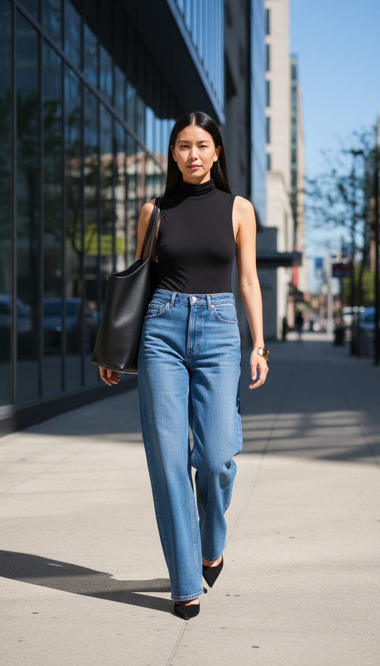 Summer blue jeans outfit: Sleeveless Turtleneck with Wide-Leg Jeans