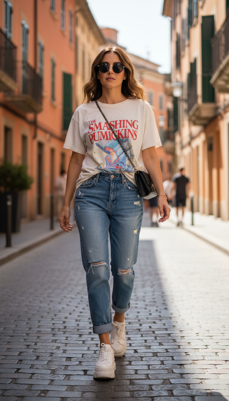 Summer blue jeans outfit: Graphic Tee with Boyfriend Jeans