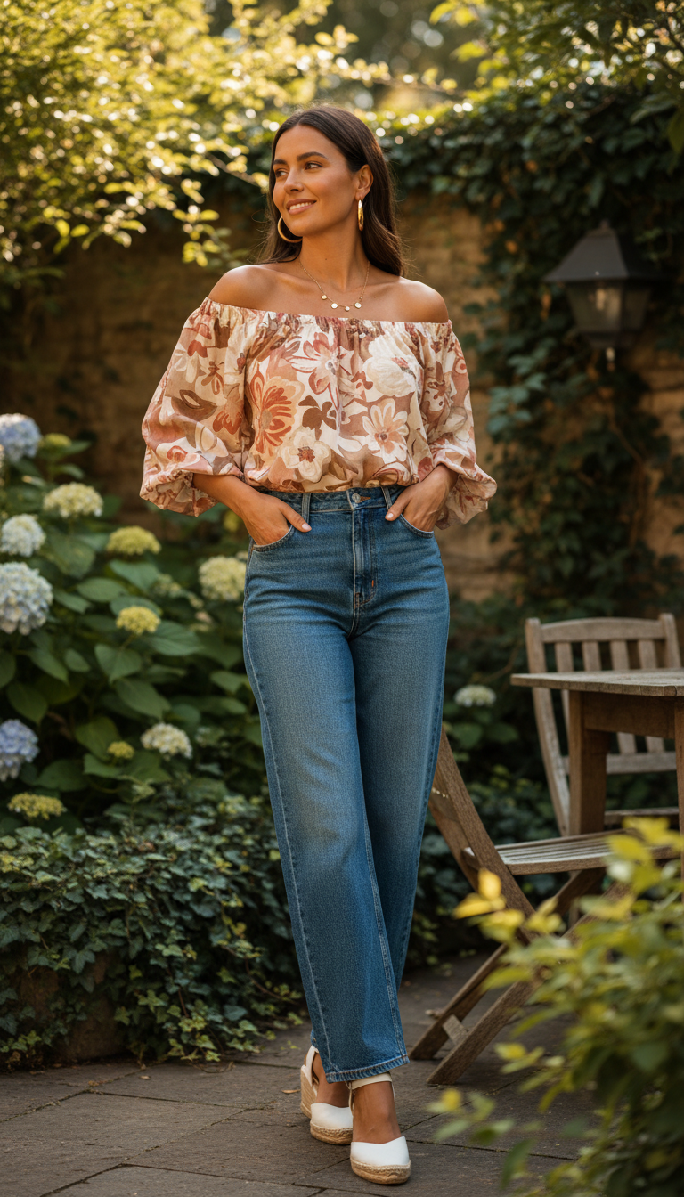 Summer blue jeans outfit: Floral Off-Shoulder Blouse with Wide-Leg Jeans