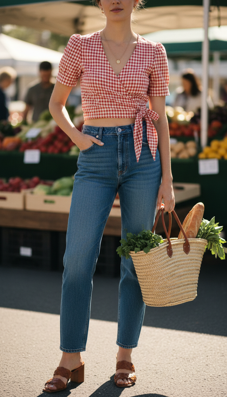Summer blue jeans outfit: Gingham Wrap Top with Classic Blue Jeans