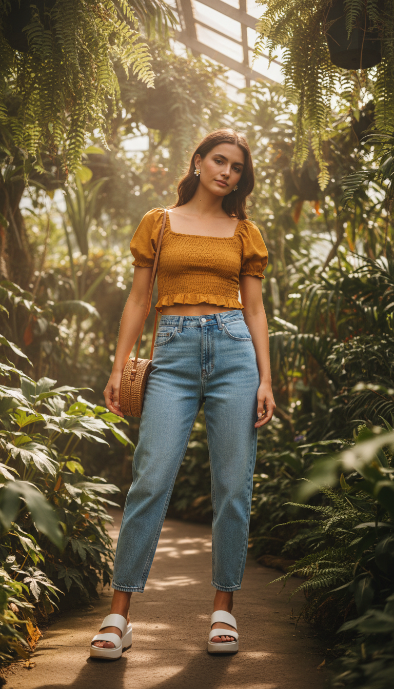 Summer blue jeans outfit: Smocked Crop Top with Relaxed Tapered Jeans