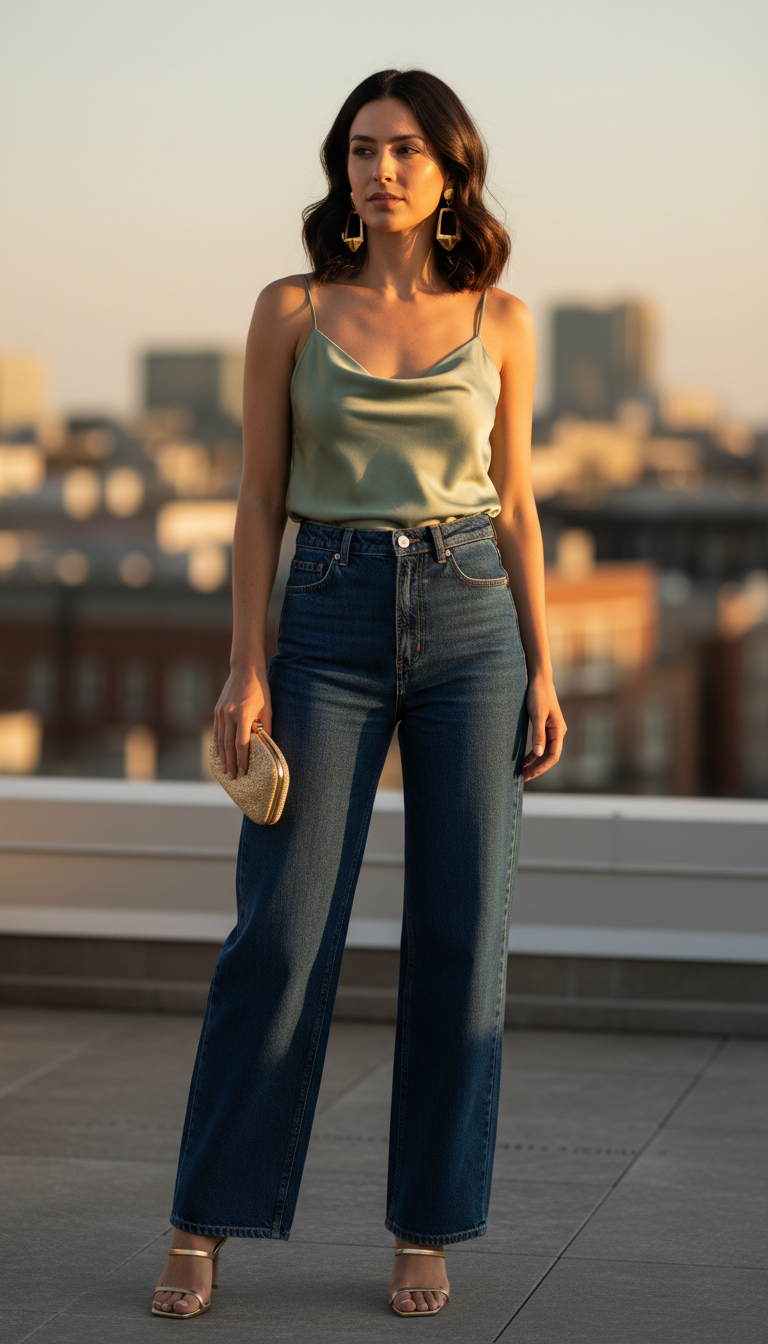 Summer blue jeans outfit: Satin Camisole with Dark Wide-Leg Jeans