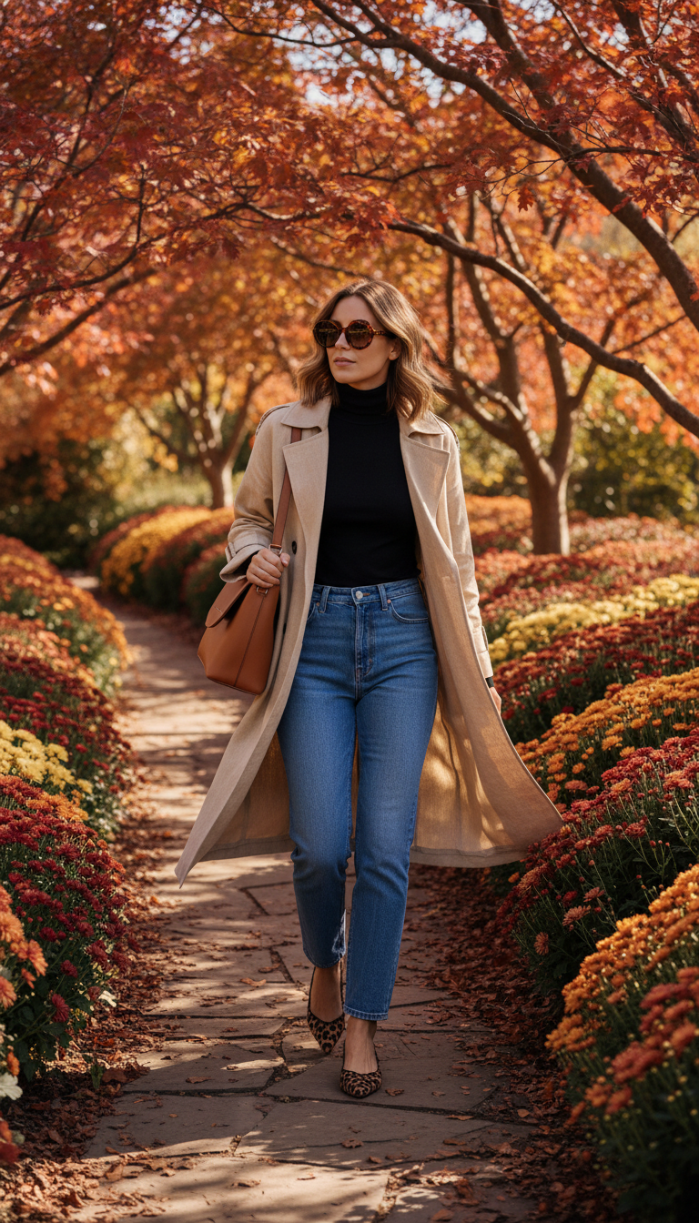 Fall blue jeans outfit — Linen Trench + Turtleneck + Tapered Jeans + Leopard Flats