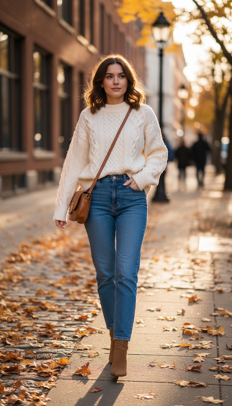 Fall blue jeans outfit — Chunky Knit Sweater + Straight-Leg Jeans
