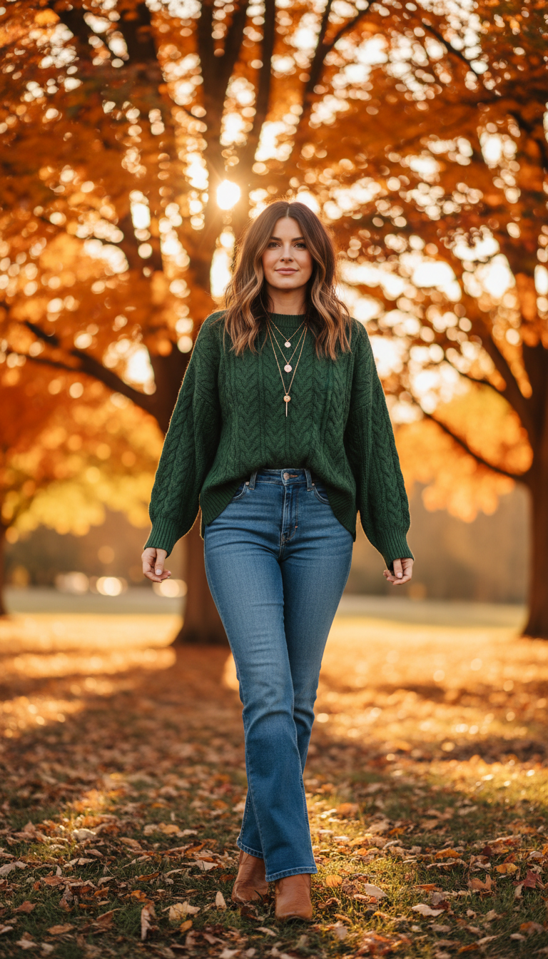 Fall blue jeans outfit — Forest Green Sweater + Bootcut Jeans + Western Boots