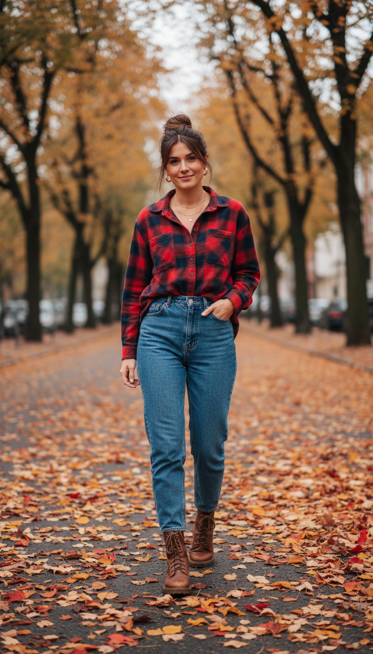 Fall blue jeans outfit — Plaid Flannel + Mom Jeans + Combat Boots