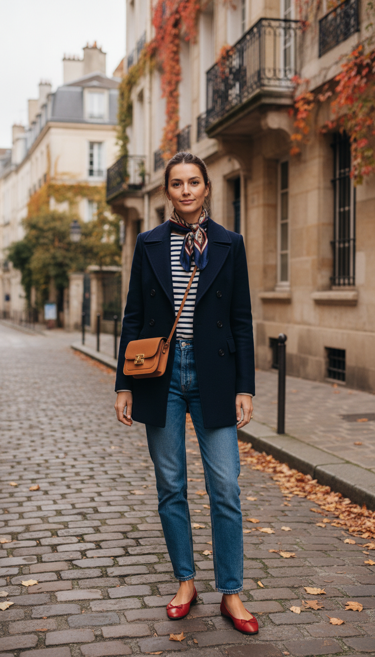 Fall blue jeans outfit — Navy Peacoat + Breton Stripe + Straight Jeans