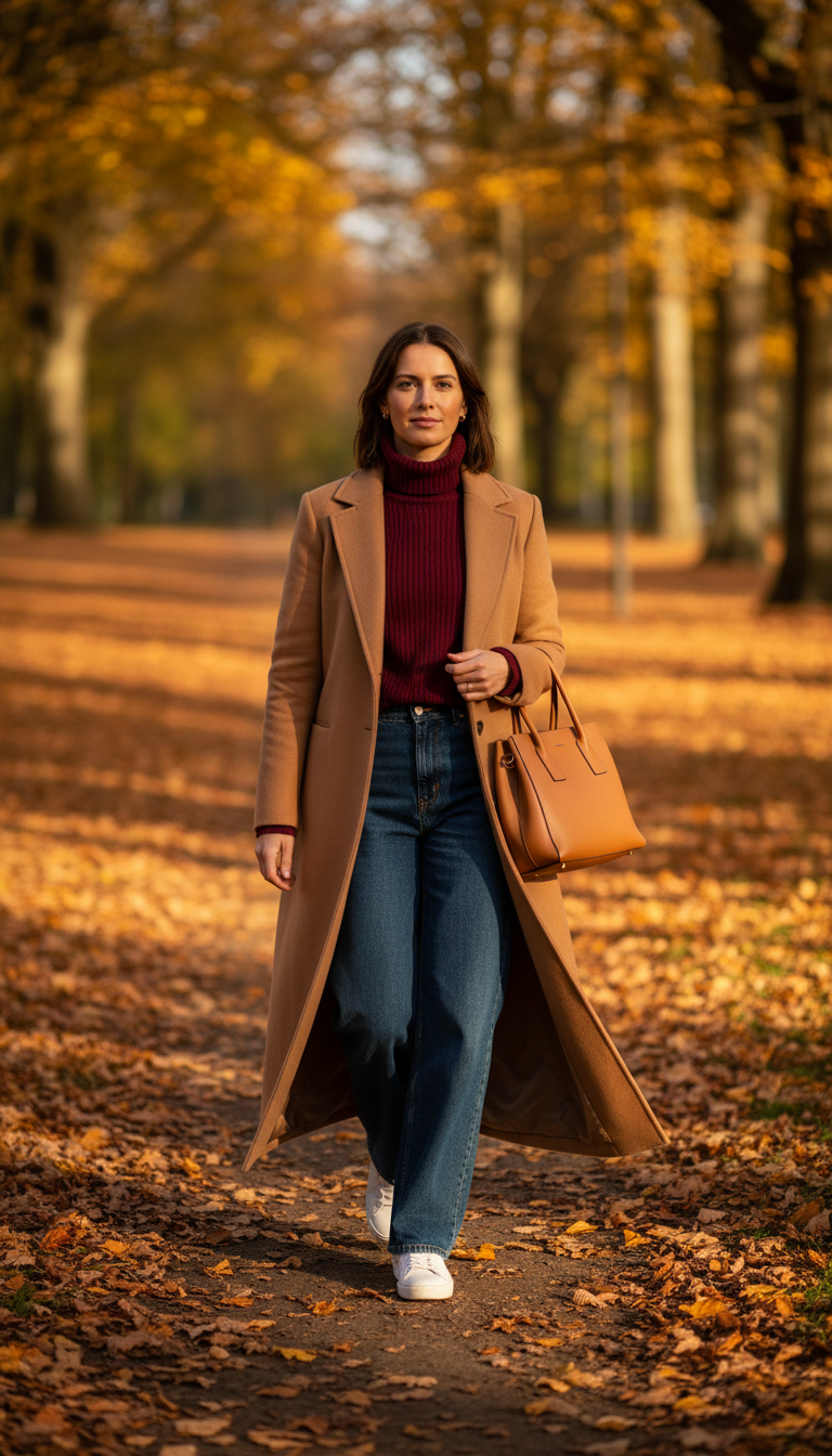 Fall blue jeans outfit — Camel Wool Coat + Wide-Leg Jeans