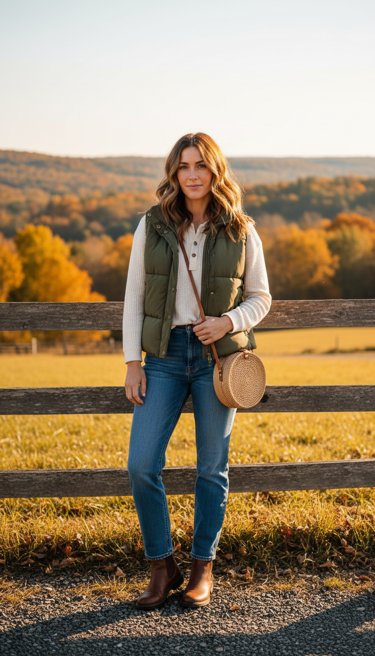 Fall blue jeans outfit — Puffer Vest + Waffle Henley + Straight Jeans