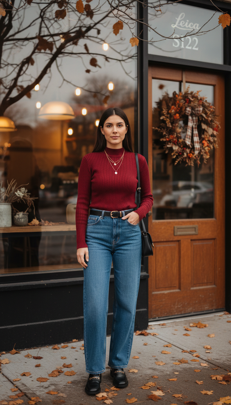 Fall blue jeans outfit — Wine Turtleneck + Wide-Leg Jeans + Loafers