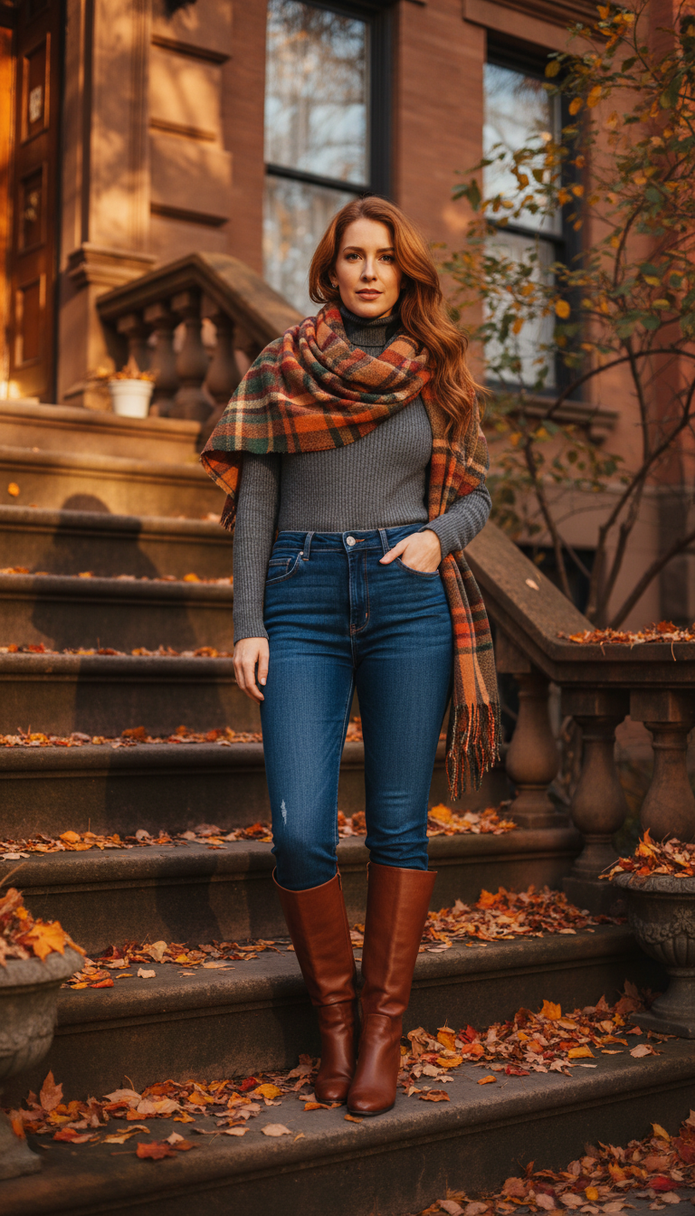 Fall blue jeans outfit — Grey Turtleneck + Dark Jeans + Riding Boots
