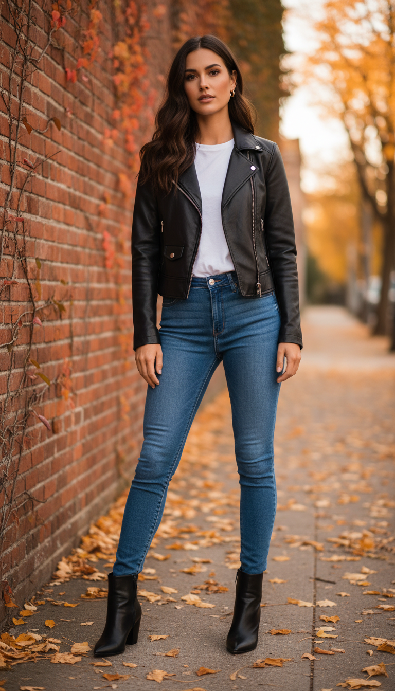 Fall blue jeans outfit — Black Leather Jacket + Skinny Jeans