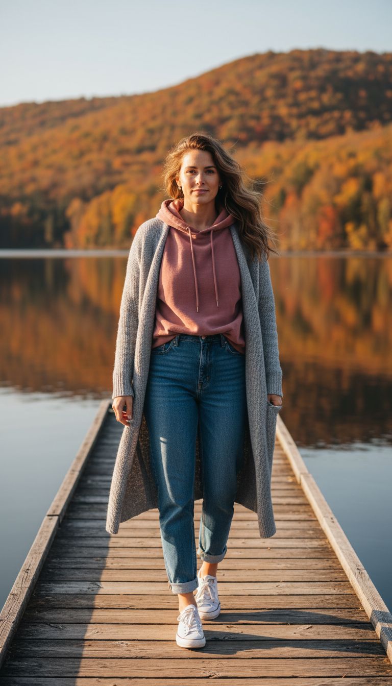 Fall blue jeans outfit — Oversized Hoodie + Long Cardigan + Relaxed Jeans
