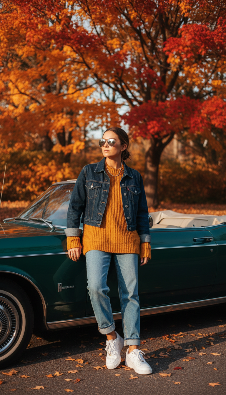 Fall blue jeans outfit — Denim Jacket + Mustard Knit + Light-Wash Jeans
