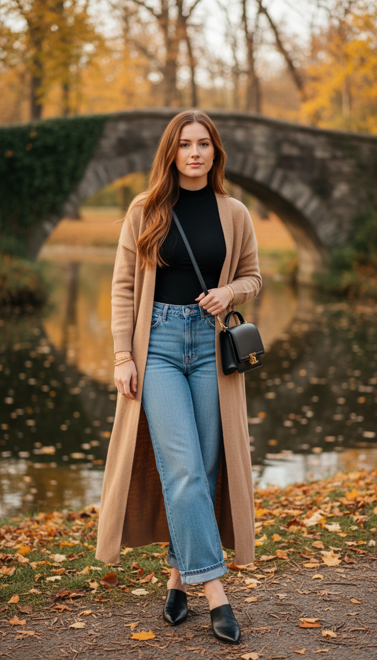 Fall blue jeans outfit — Long Cardigan Coat + Wide-Leg Jeans + Mules