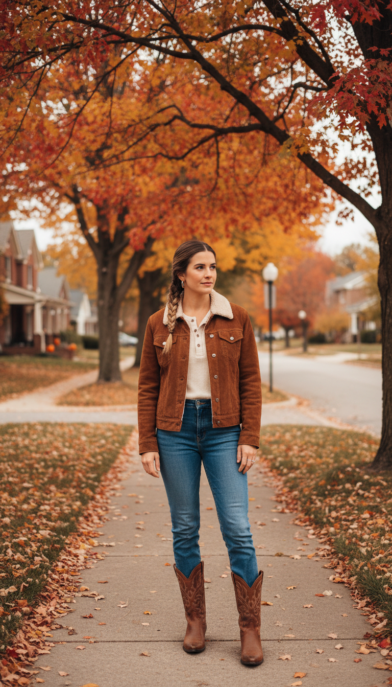 Fall blue jeans outfit — Brown Suede Jacket + White Henley + Cowboy Boots