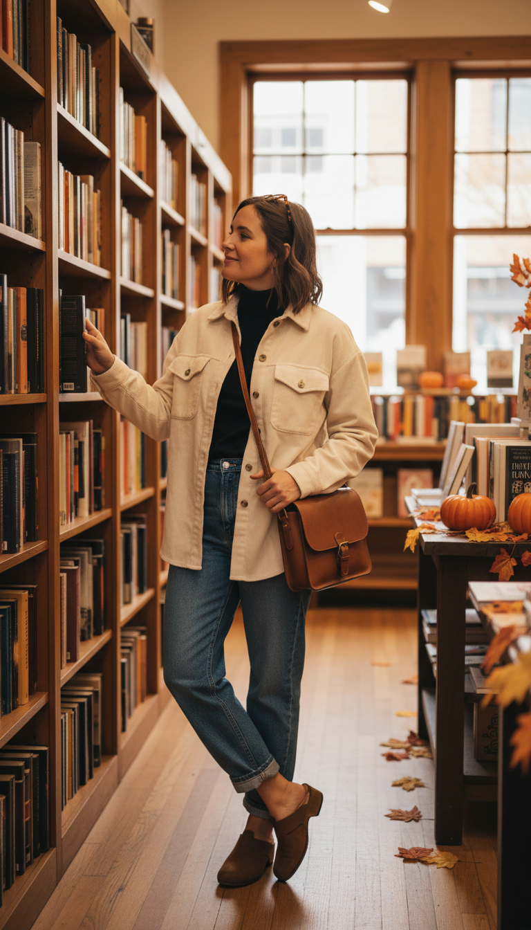 Fall blue jeans outfit — Corduroy Shacket + Relaxed-Fit Jeans