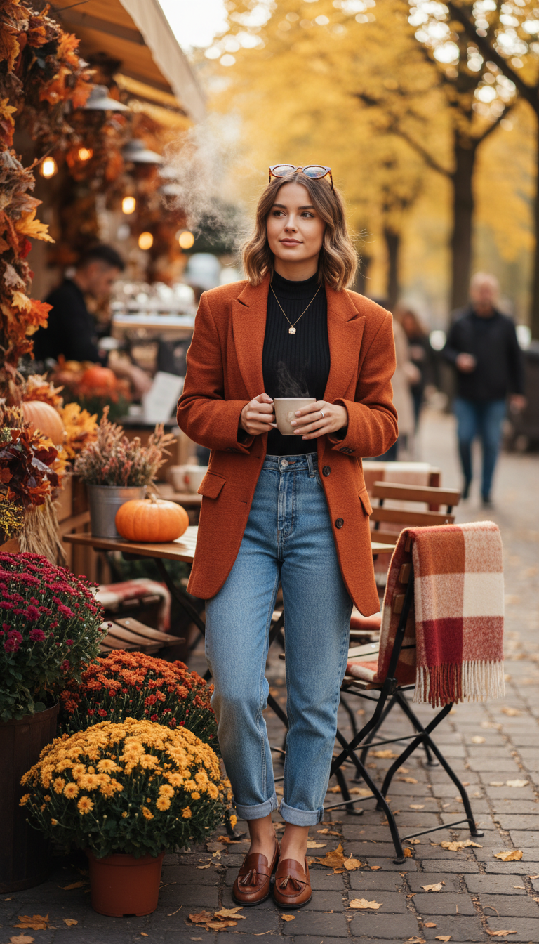 Fall blue jeans outfit — Rust Blazer + Boyfriend Jeans