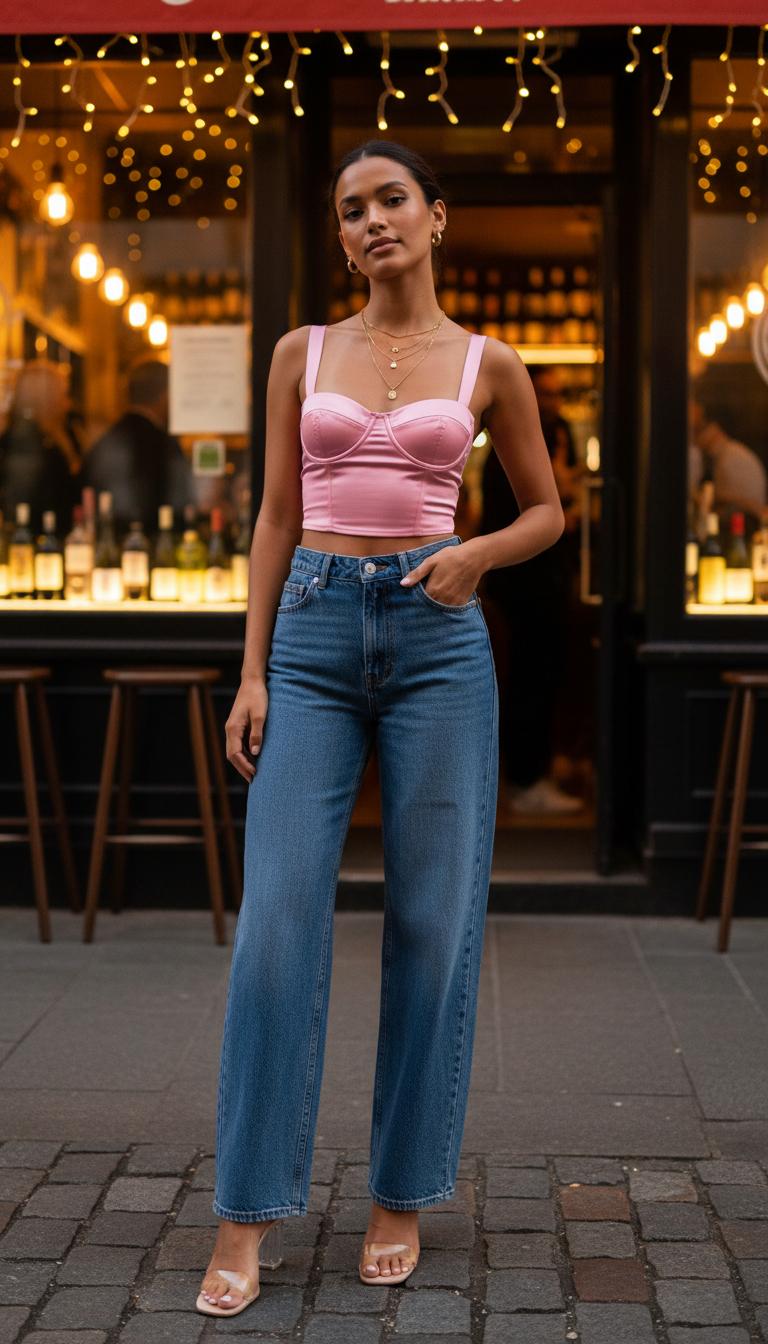 Pink Bustier Top & Wide-Leg Jeans — going out outfit with blue jeans