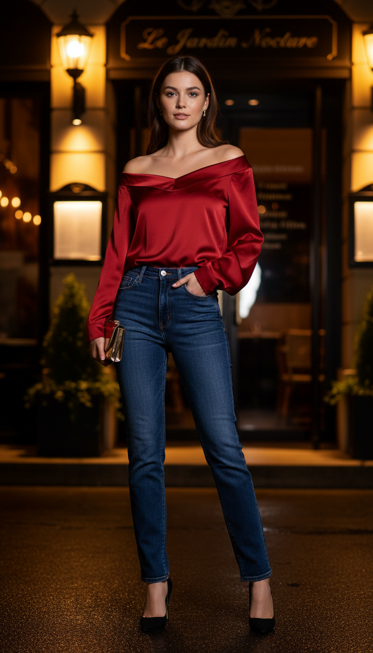 Red Off-Shoulder Blouse & Dark Jeans — going out outfit with blue jeans