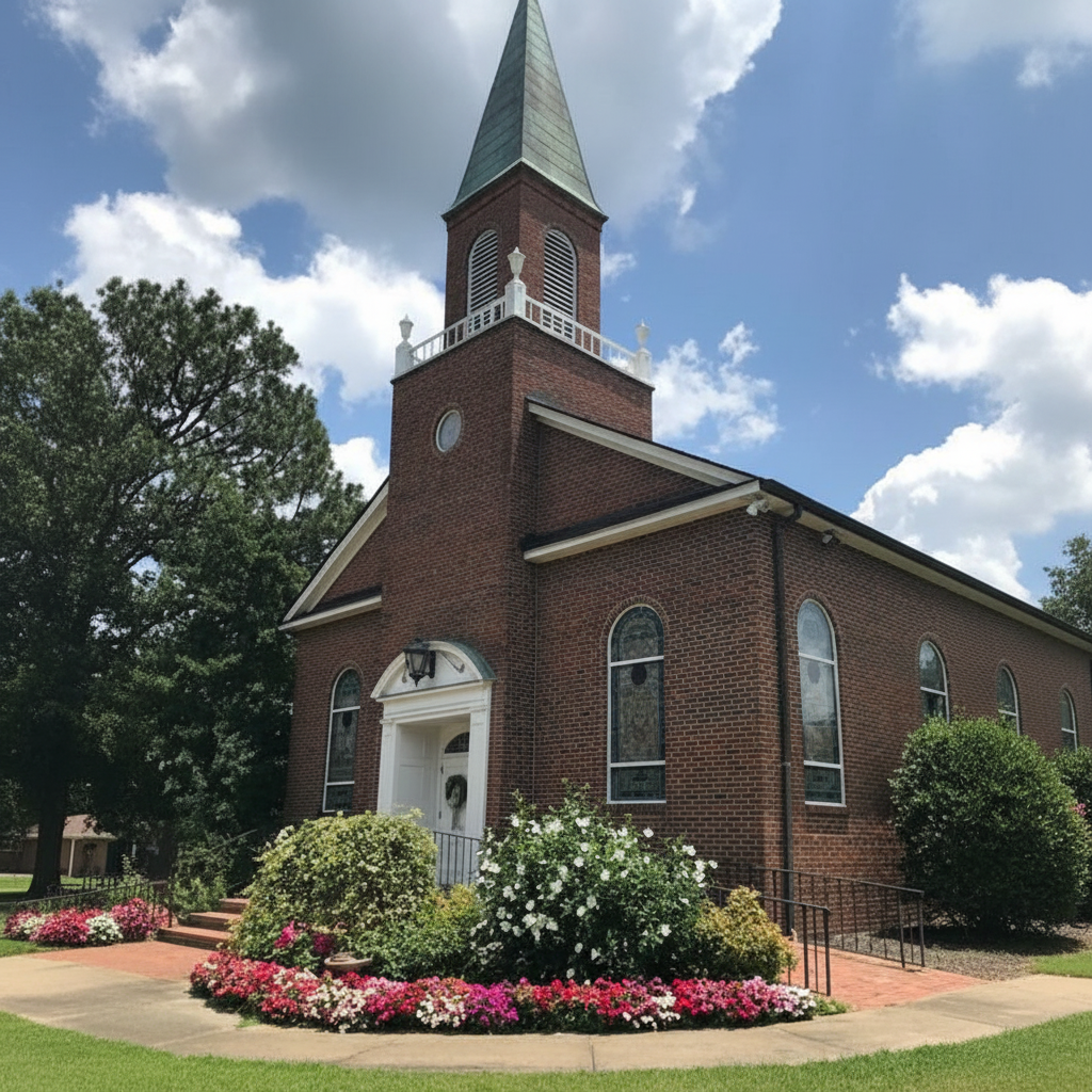 Culdee Presbyterian Church and its steeple among the pines