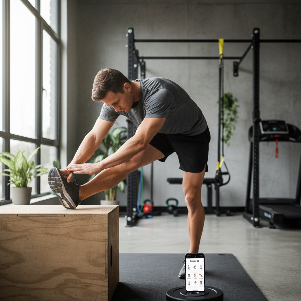 Man stretching with a mobility routine app in a home gym